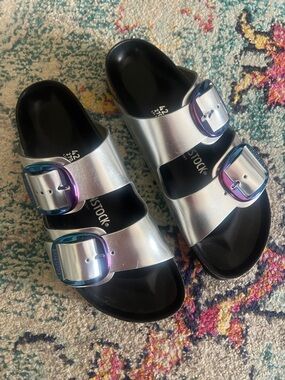 Arizona Big Buckle Lena iridescent purple blue & Silver metallic Leather Sandals